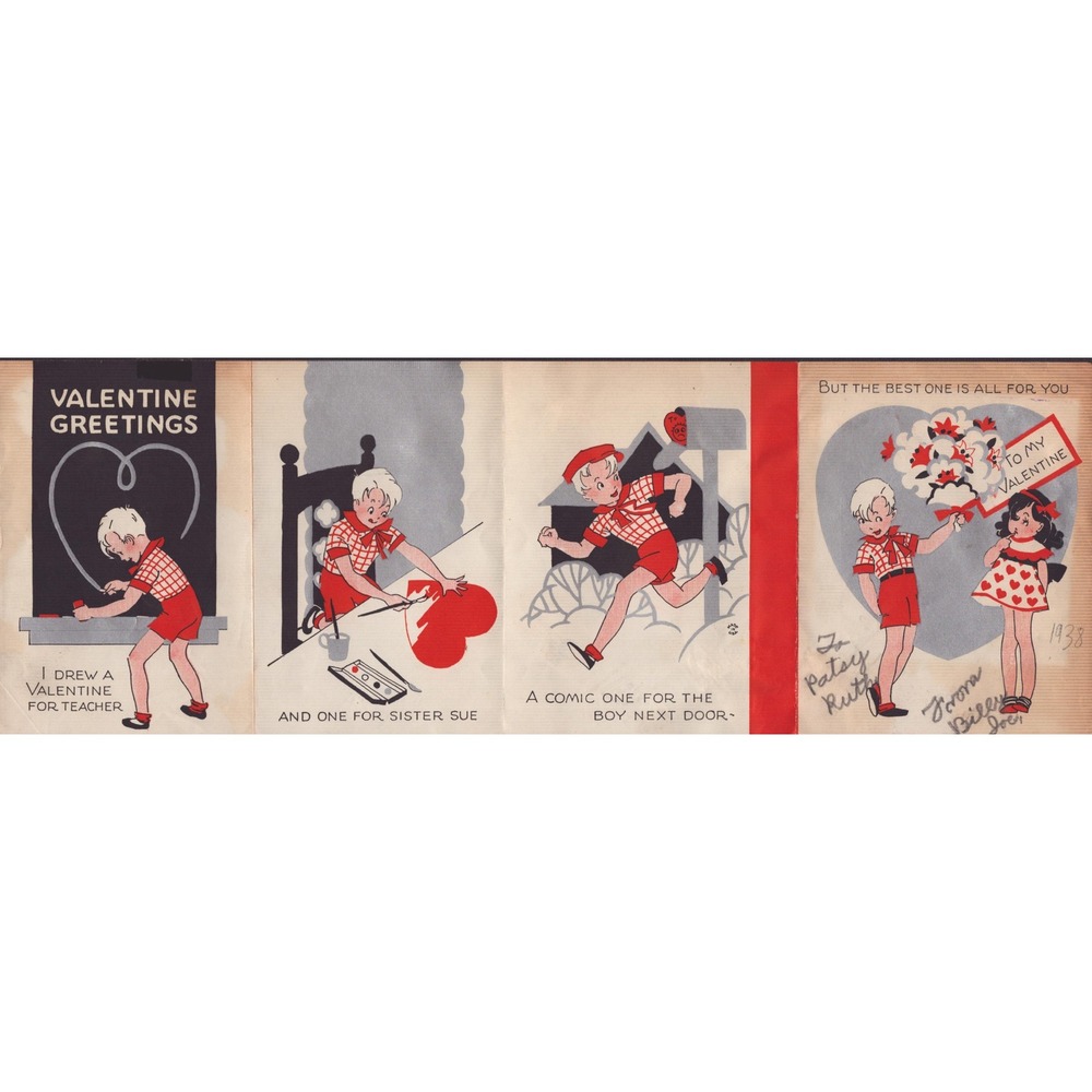 Vintage 1938 Folding Valentine Card Boy and Girl Illustrations 4-Panel VG- - Picture 3 of 3